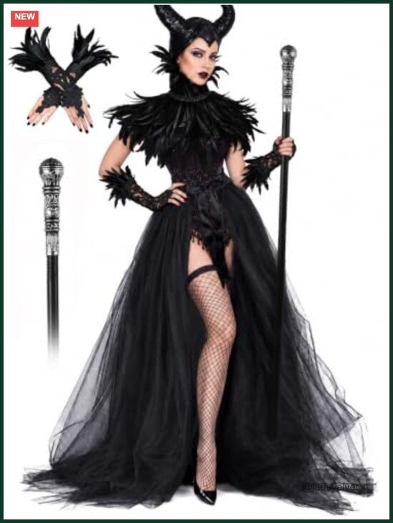 Other - Gothic Witch Costume Set Tulle Skirt Feather Shawl Horn Headpiece Halloween